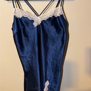 Victoria’s Secret Slip Dress Women Large Blue Satin Pink Lace Lingerie Sleepwear